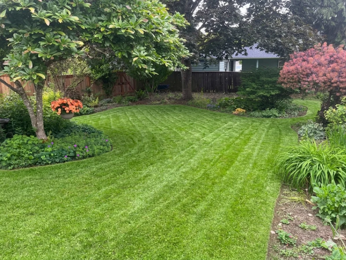Lush Portland backyard with mow stripes, magnolia canopy, and overflowing garden beds